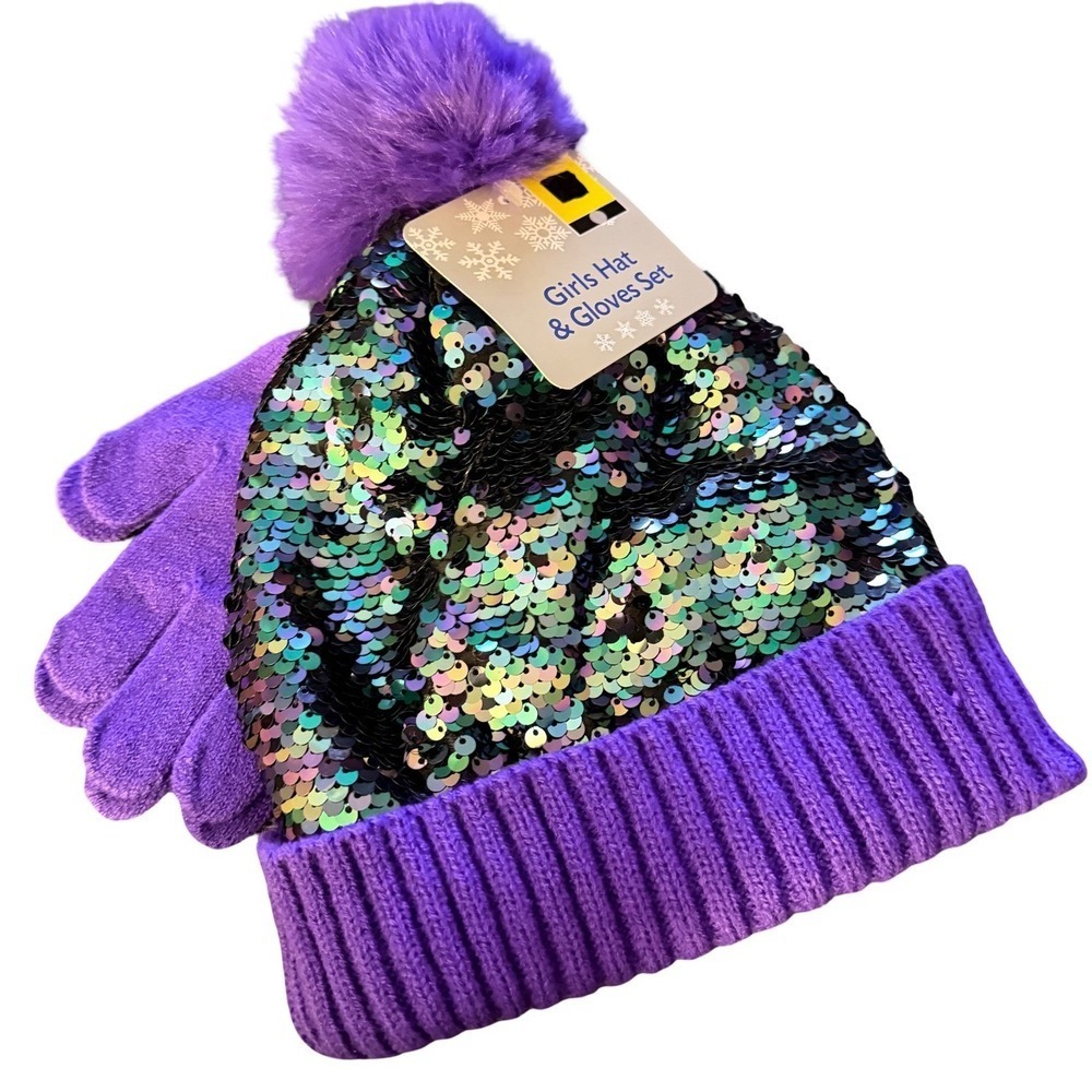 Girls Purple Sequin Beanie Hat and Gloves Set with Pom Pom Size 4-5T - Picture 2 of 8